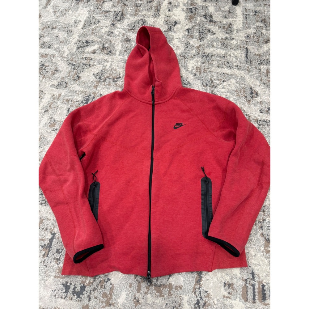 Nike Tech Fleece Full Zip Hoodie Red Heathered Mens Large Scuba Hood CU4489-657